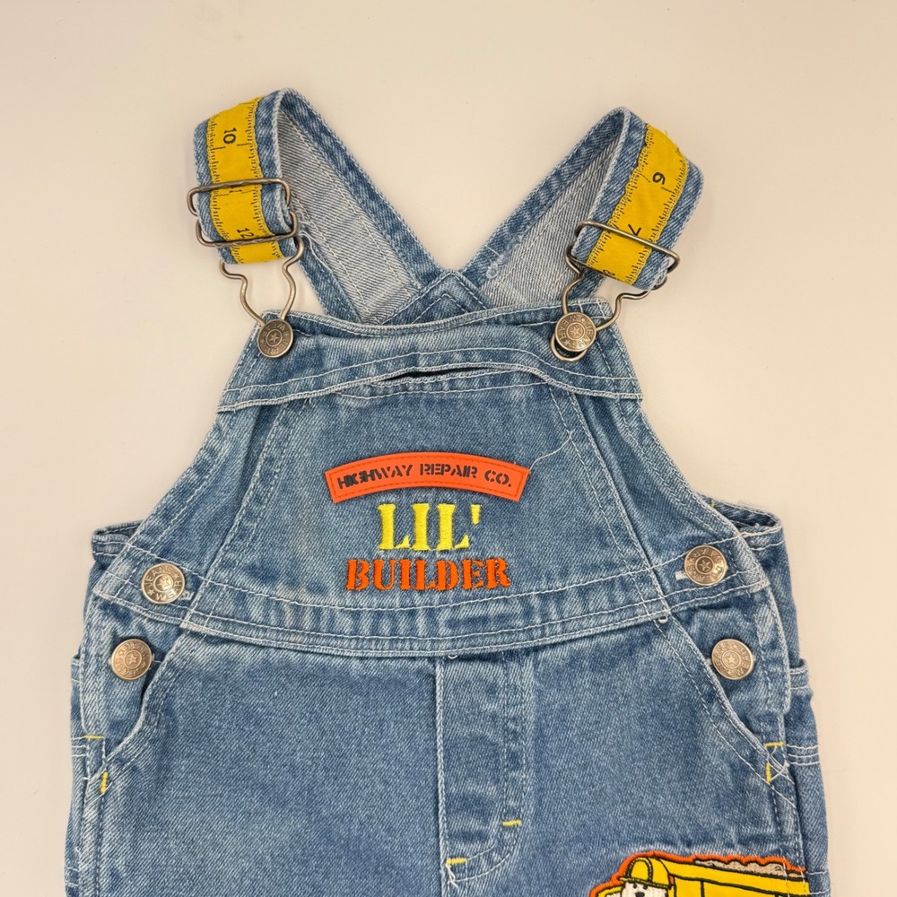 Vtg Lil' Builder Denim Overalls – Tape Measure Straps & Road Crew Patch 3-6 mo.